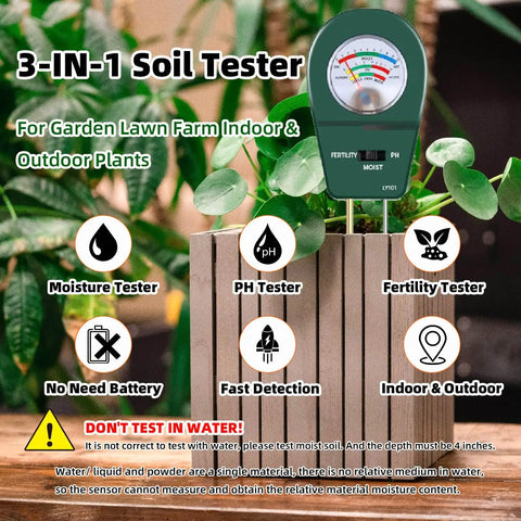 3-In-1 Soil Moisture Meter pH And Fertility Tester with dial gauge in garden setting, no battery needed, plug-and-read kit.
