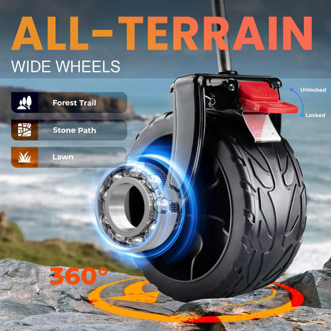 400L Double Decker Folding Utility Wagon With 450Lb Capacity And 47 Inch Extended Shelf all-terrain wide wheel close-up.
