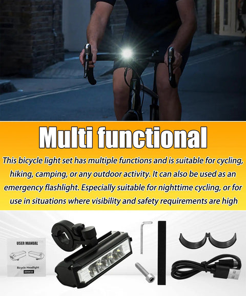 Cyclist using Ultra Bright USB Rechargeable Bike Light With Waterproof Aluminum Headlamp at night
