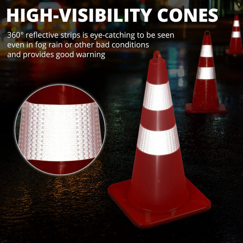 Ten Pack 28 Inch PVC Traffic Cones With Reflective Collars for night visibility, close-up of reflectivity and red cone in parking lot.
