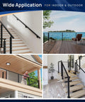 Various applications of 10 Ft Black Aluminum Handrail Featuring Pro Grade Powder Coating And Top Shelf Nylon End Caps for decks and stairs.