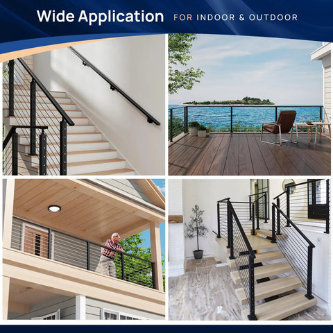 Various applications of 10 Ft Black Aluminum Handrail Featuring Pro Grade Powder Coating And Top Shelf Nylon End Caps for decks and stairs.