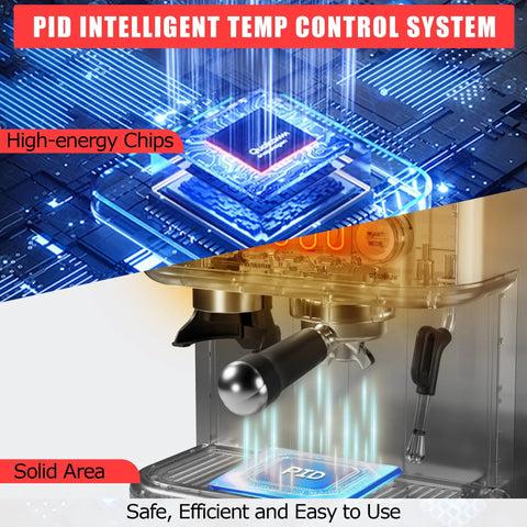Next Level 15 Bar Espresso Machine With Solid Conical Burr Grinder And Creamy Milk Frother Brewing Killer Latte And Cappuccino Daily With PID Temp Control LCD Display showing PID Intelligent Temp Control System and high-energy chips.