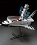 Scale model space shuttle with attached satellite on display stand, Accurate Scale Plastic Model Kit For Hobbyists Requires Paints And Glue Includes Clear Detailed Instructions And No Fuss Build For A Realistic Finish Perfect For Collectors And Beginners Who Love Hands On Projects