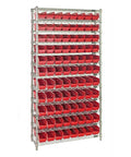Dope Heavy Duty Wire Shelving Rack With Eighty Eight Bold Red Storage Bins for organizing tools in a garage or workshop.
