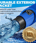 Blue 30ft RV heated water hose cross-section view showing black braided inner layer; BPA-free.