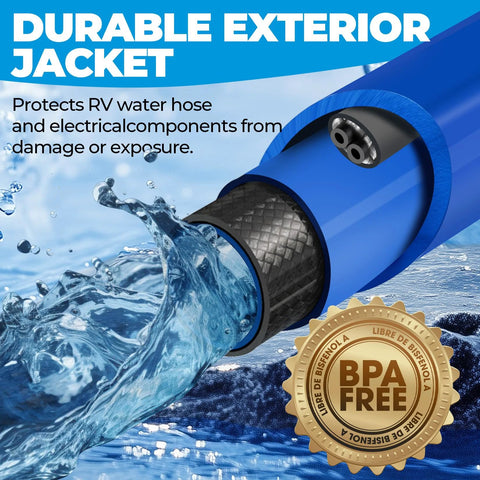 Blue 30ft RV heated water hose cross-section view showing black braided inner layer; BPA-free.