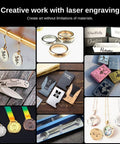 Creative work with laser engraving featuring jewelry, customized gifts, and awards on various materials.