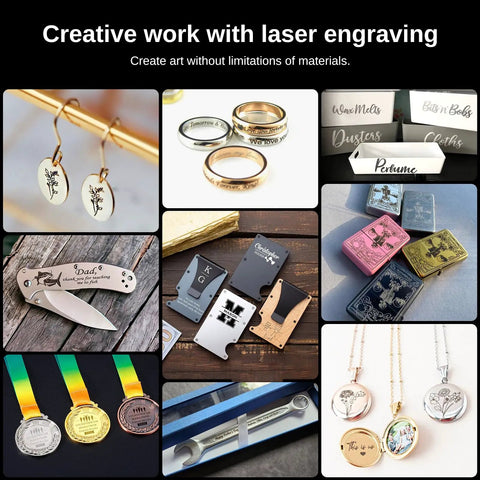 Creative work with laser engraving featuring jewelry, customized gifts, and awards on various materials.
