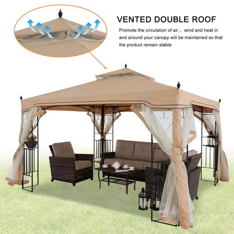 Patio Gazebo With Netting Screen Walls 10x10 for lawn, garden, backyard and deck, rust-resistant steel frame, in beige gray.