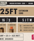Brown Outdoor Extension Cord 25 Ft Heavy Duty 16/3 With 3 Prong Grounded Plug Weatherproof Exterior Cable 13 Amp chart