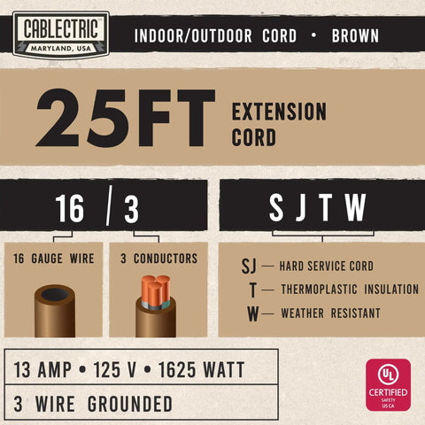 Brown Outdoor Extension Cord 25 Ft Heavy Duty 16/3 With 3 Prong Grounded Plug Weatherproof Exterior Cable 13 Amp chart