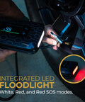 Portable Car Jump Starter With 600 Amp Peak, 130 Psi Tire Inflation in use, displaying LED floodlight feature on tire.