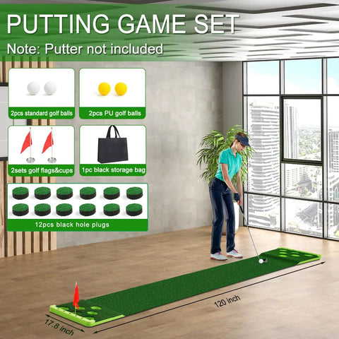 Golfer using Golf Putting Game Set For Indoor And Outdoor With Front Border Mat Includes 4 Balls 1 Portable Bag 2 Flags And Cups