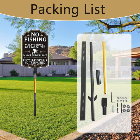 Heavy Duty 48 Inch Yard Stake Set For Outdoor Lawn Signs, Metal Sign Holders For Driveways And Parking Areas, black and gold post visible