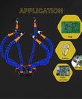 Six Arm Third Hand Soldering Station With Non Slip Aluminum Base Rotatable Octopus Style Helping Arms And Alligator Clamps For PCB Assembly And DIY Projects Including Wire Cutting Pliers Pro Grade displayed with examples of applications for PCB, jewelry, flight controller, and DIY board.
