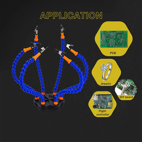 Six Arm Third Hand Soldering Station With Non Slip Aluminum Base Rotatable Octopus Style Helping Arms And Alligator Clamps For PCB Assembly And DIY Projects Including Wire Cutting Pliers Pro Grade displayed with examples of applications for PCB, jewelry, flight controller, and DIY board.