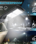 60W Solar Street Light Outdoor With 6000 Lumens LED Flood Brightness shown as weatherproof, highlighting rain, snow, and humidity resistance.
