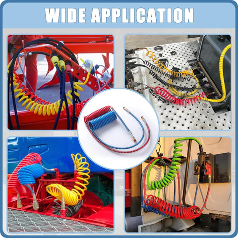 Collage showing Semi Truck Air Brake Hose Coil Set With 1/2 In NPT DOT Fittings Red And Blue Leads Glad Hands Rubber Seals