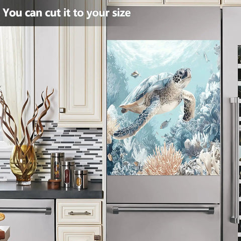 Sea Turtle Blue Dishwasher Magnet Cover Sticker For Refrigerator And Kitchen Appliances displayed on a fridge