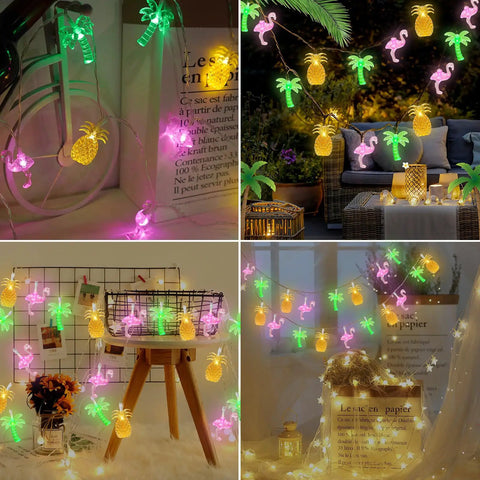 Tropical Flamingo Pineapple Palm Tree LED String Lights, 30 LEDs, 16 Ft Battery Operated, for luau and pool party decor.