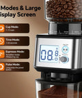 Hardcore Conical Burr Coffee Grinder With 51 Precise Settings, Automatic Bean Crusher, bright digital screen showing modes.