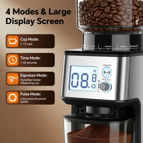 Hardcore Conical Burr Coffee Grinder With 51 Precise Settings, Automatic Bean Crusher, bright digital screen showing modes.