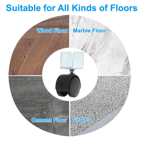 Slick Roll 1.5 Inch Swivel Casters With 1 Inch U Bracket 4 Pack Dead Silent Wheels displayed on various floor types.