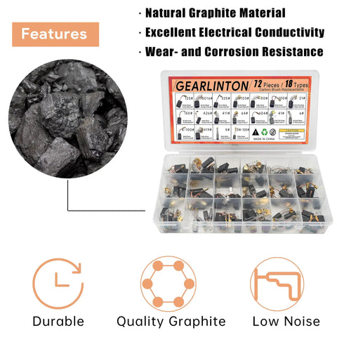 Pro Grade Electric Motor Carbon Brush Set 72 Pc In 18 Sizes For Power Tools Repair shown in case with graphite close-up