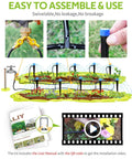 Diagram of 50Ft Drip Irrigation Kit DIY Plant Watering System with emitters, brass splitter, and QR code for garden setup video.