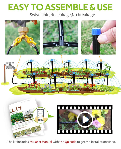 Diagram of 50Ft Drip Irrigation Kit DIY Plant Watering System with emitters, brass splitter, and QR code for garden setup video.