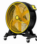Heavy Duty Industrial Floor Fan 35.8 Inch Brushless Drum Circulator Rolling On Caster Wheels with yellow mesh grille.