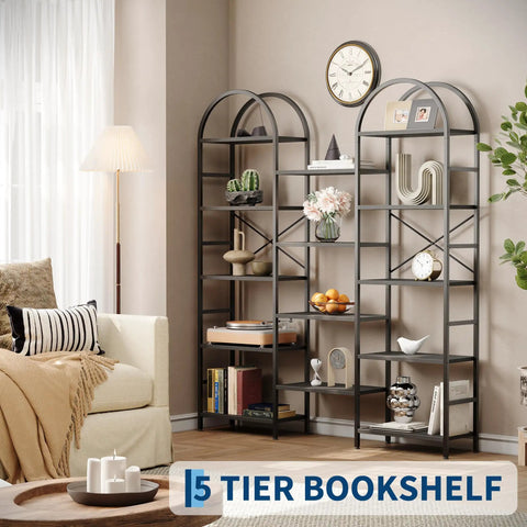 Arched Triple Column 63 Inch Wide 5 Tier Bookshelf With Open Shelves Dope Industrial Style Large Display Shelf And Sturdy X Back Storage