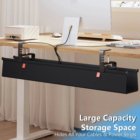 No Drill Under Desk Cable Management Tray With Clamp For Standing Desk 36 Inch Cord Organizer Premium Fabric installed view