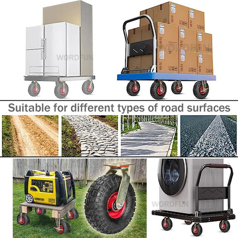 2 Pack Heavy Duty Rubber Trolley Castors With Smooth Rollin Pneumatic Air Caster Wheels And Secure Brake Lock Swivel Action on a cart moving over diverse surfaces.