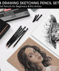 24 Piece Pro Sketching Pencil Kit For Drawing With Graphite Pencils 12B To 4H, Charcoal Pencils For Art shown with sketches.