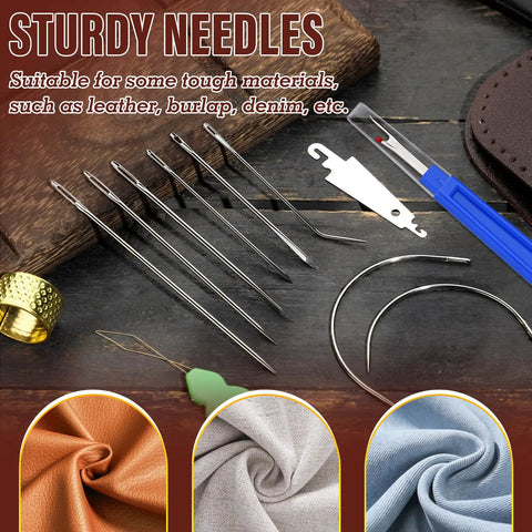 Heavy Duty Leather Stitching Kit With 32 Yards Waxed Thread, 8 Upholstery Needles, Long Curved And J Shaped Needles, Thimbles and Threaders