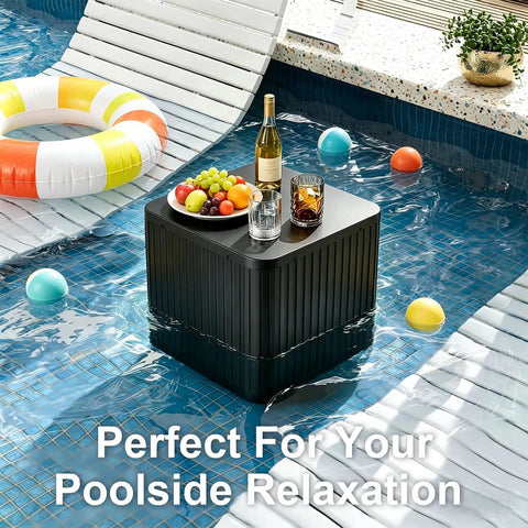 2-In-1 Umbrella Base And Side Table For Outdoor Patio, 16.54 Inch, in pool with drinks and fruit on top, UV resistant