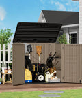 Spacious Outdoor Storage Shed Resin Cabinet With 48 Cu Ft Capacity for patio accessories and garden tools, open with contents visible.