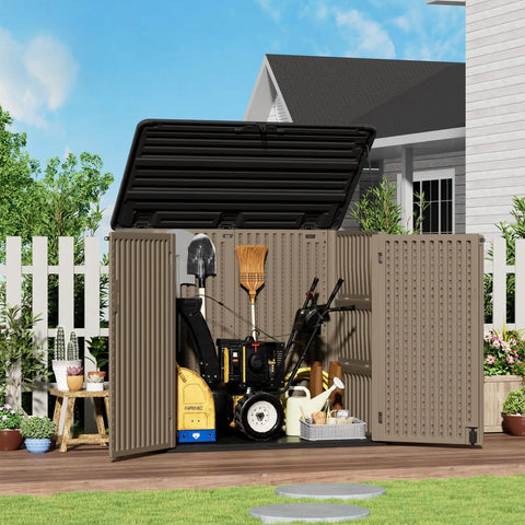 Spacious Outdoor Storage Shed Resin Cabinet With 48 Cu Ft Capacity for patio accessories and garden tools, open with contents visible.