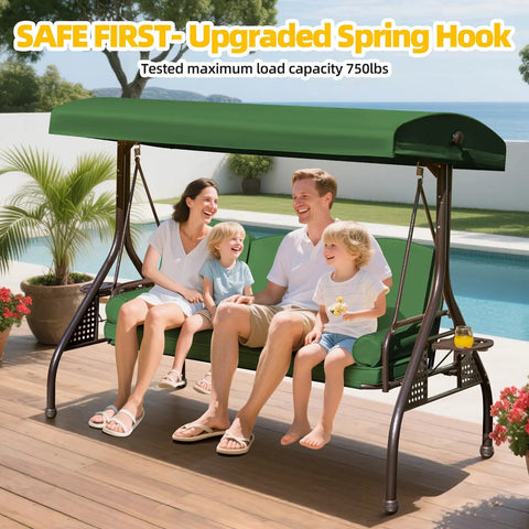 Family enjoying 3 Seat Patio Swing With Canopy Convertible Outdoor Swing Bed With Thick Cushions And Pillows Cup Holders 135 Degree Adjustable Hardtop Canopy Shade For Backyard Garden Or Deck Green
