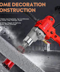Beefy Diamond Core Drill Rig Handheld Wet And Dry Core Drilling Machine, red, drilling into concrete with threaded spindle.
