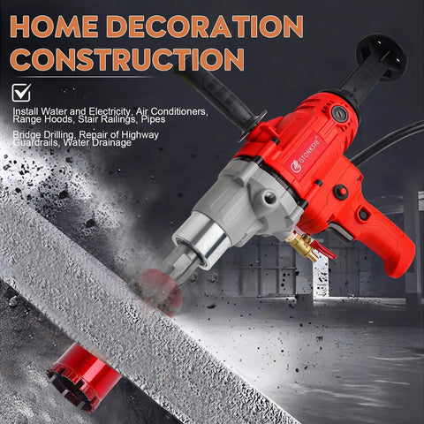 Beefy Diamond Core Drill Rig Handheld Wet And Dry Core Drilling Machine, red, drilling into concrete with threaded spindle.