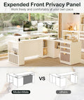 Modern Mate 63 Inch L Shaped Electric Standing Desk With Privacy Panel featuring expanded front privacy panel in home office setting.