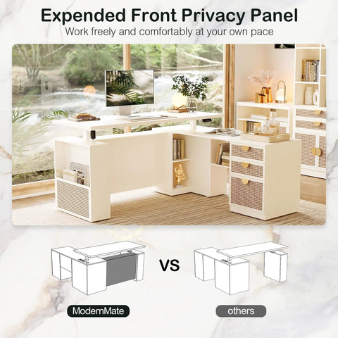 Modern Mate 63 Inch L Shaped Electric Standing Desk With Privacy Panel featuring expanded front privacy panel in home office setting.