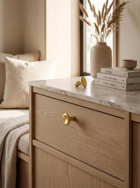 Top Shelf Unlacquered Brass Cabinet Knobs Straight Up Modern Round Dish Hardware Featuring Live Patina Finish 1.18 Inch Face Width For A Cool Kitchen Revamp Two Pack Bundle on a wooden drawer.