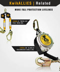 KwikALLIES Cobra 6' twin-leg poly web SRL and 30' galvanized cable SRL, safety lifelines for fall protection.