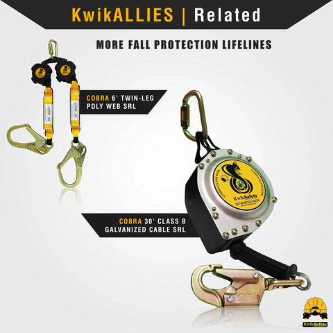 KwikALLIES Cobra 6' twin-leg poly web SRL and 30' galvanized cable SRL, safety lifelines for fall protection.