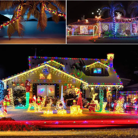 Houses decorated with Solar Rope Lights 40 Ft 120 LEDs Multi Color Fairy Lights With 8 Modes For Outdoor Garden Patio Party And Weddings
