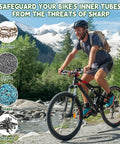 Cyclist on mountain trail highlighting Two Roll Bike Tire Liners Set for Road and Mountain Rides Puncture Proof TPU Inner Tube Protectors.